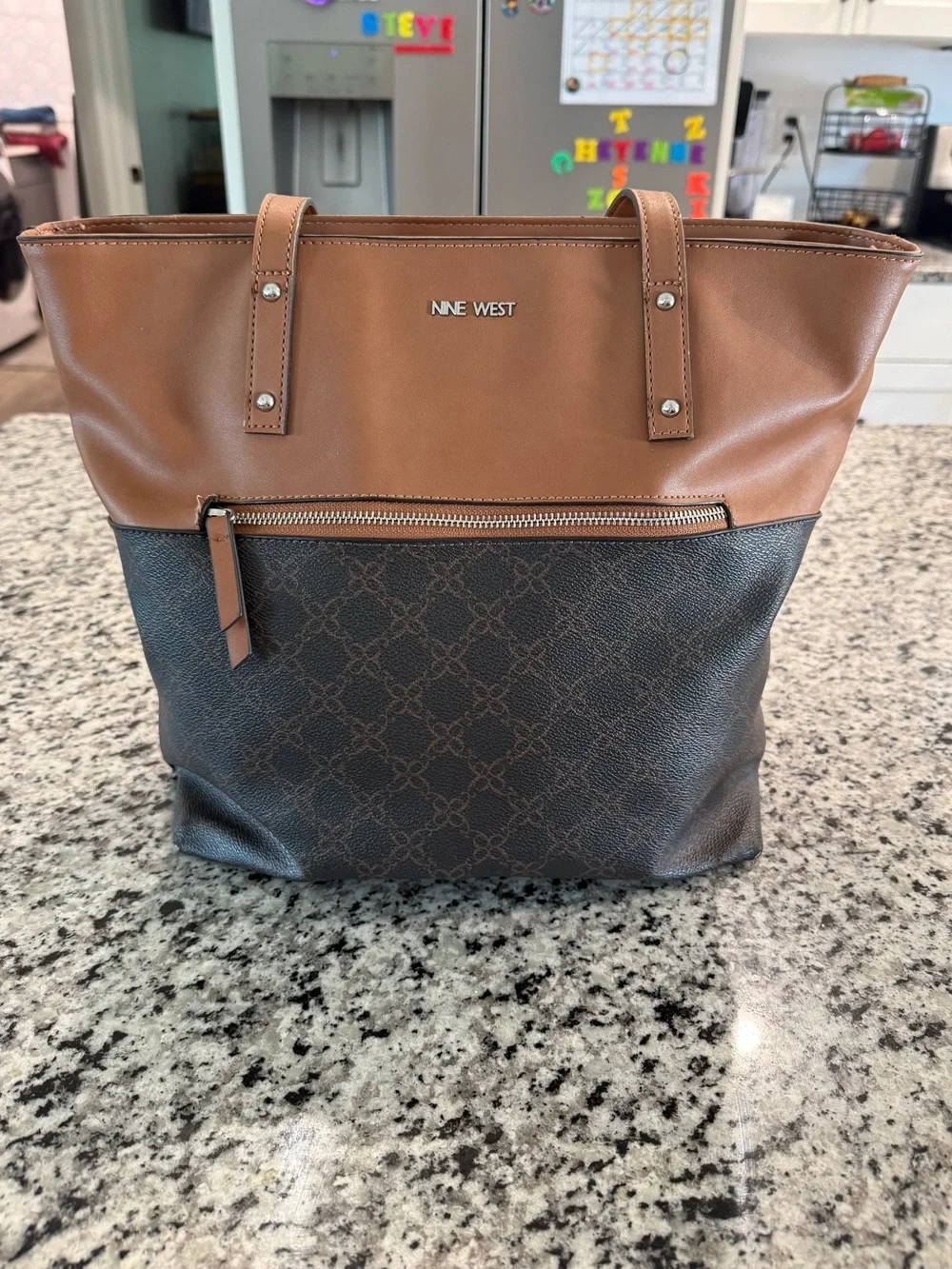 Nine West Brown and Dark Brown Two-Tone Tote with Front Zip Pocket